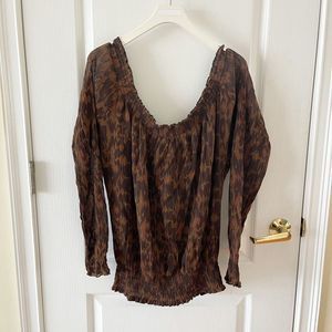 LAUREN Ralph Lauren Size 16 Silk Blend Smocked Long Sleeve Top in Brown Boho Ani